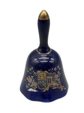 ceramic cobalt blue bell Japanese porcelain gold handle tip floral carriage READ